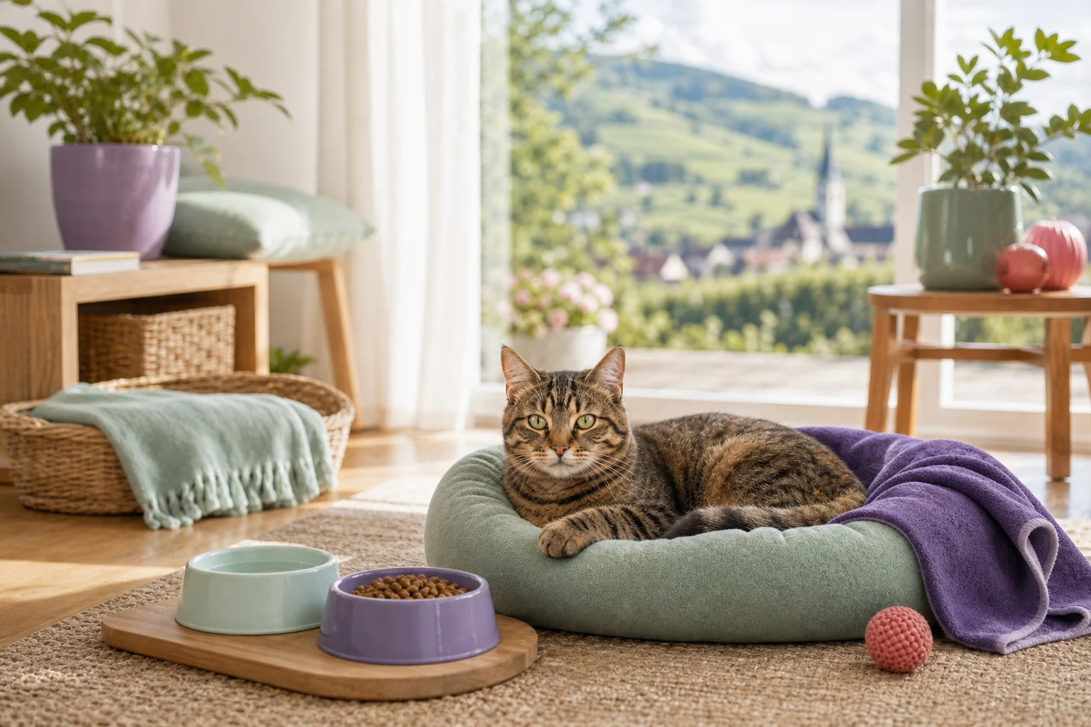 Chat détendu dans son environnement pendant une garde à domicile illustrée
