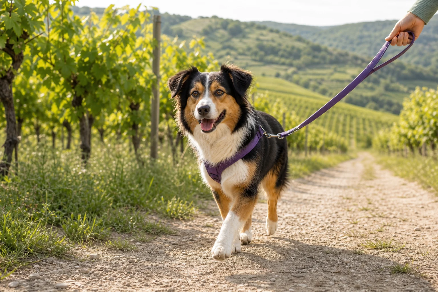 Chien promené en journée dans les vignes, illustration éditoriale Pet & Zen