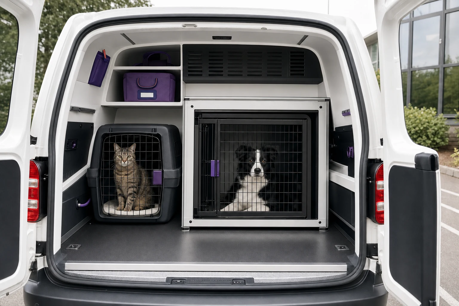 Chien et chat installés séparément dans des caisses sécurisées à bord du véhicule